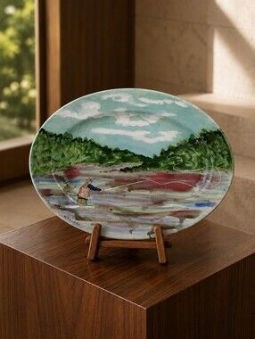 Sandra Rhodda Signed Fly Fishing Ceramic Art Platter Skiff Lake NB 13.5"